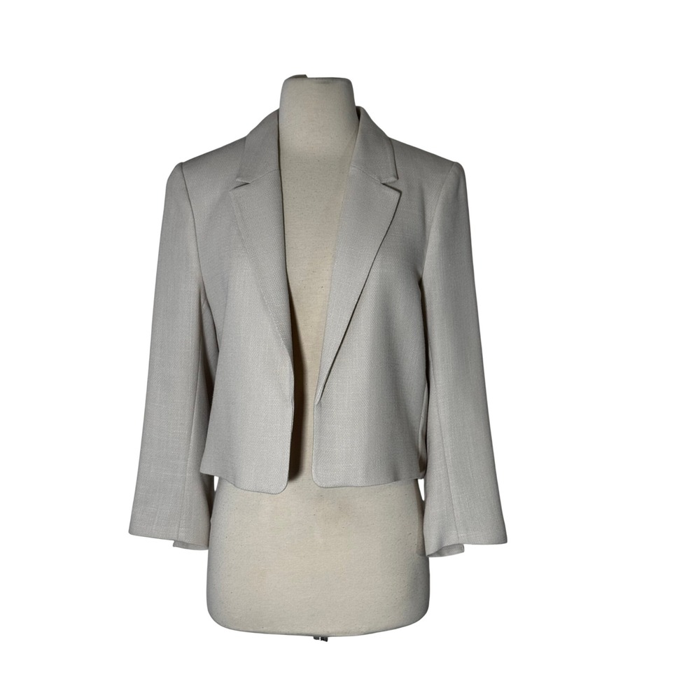 H&M Women Light Beige Textured Cropped Blazer Open Front Notched Lapel Size S